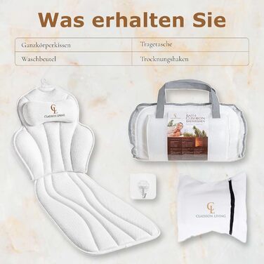 Подушка для ванни повне тіло (152x56 см) з підголівником (11 см) - біла. Підтримка шиї, спини та ніг. З сумкою для прання та подорожей, гачком для сушіння.