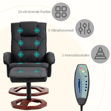 Крісло-масажер з підставкою для ніг, 10 точок масажу, функція релаксації (лежачий стан), поворотне сидіння, чорний колір, розміри 73 x 83 x 106 см