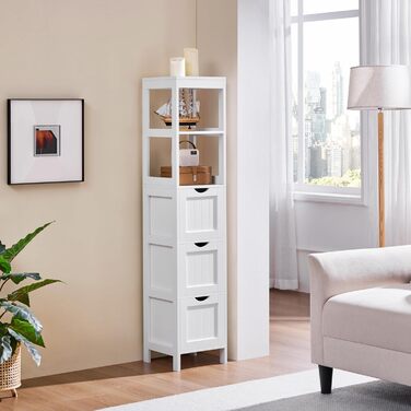 Шафа у ванну кімнату Yaheetech з 3 висувними ящиками та 2 відкритими полицями, 30 x 30 x 142 см, біла