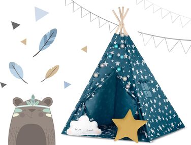 Дитячий намет NUKIDO Tipi з бавовни та дерев'яним каркасом, блакитний, 120x120x165 см