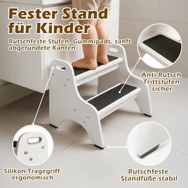 Дерев'яний дитячий стільчик Tritthocker з 2 сходинками, неслизький, для ванної та кухні, скандинавський дизайн, колір: натуральний (білий)