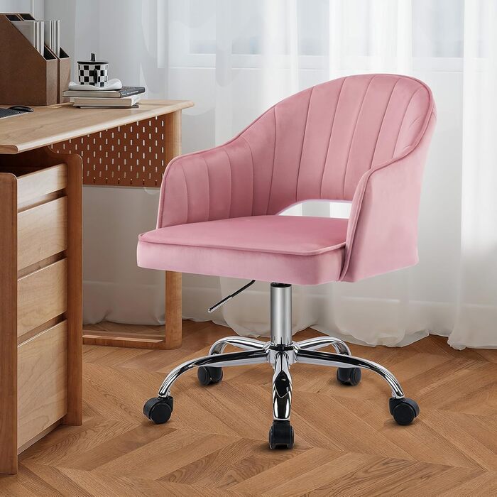 Крісло для офісу Fiximaster Homeoffice, крісло для робочого столу, обертове, регульоване по висоті, з велюру, ергономічне, для робочого кабінету/спальні, до 113 кг, рожеве