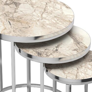 Стіл гніздовий Bornholm Журнальний столик в комплекті з 3 шт. Журнальний столик з шпильками для вітальні 3 шт. з металу і ДСП круглого мармуру, білого кольору