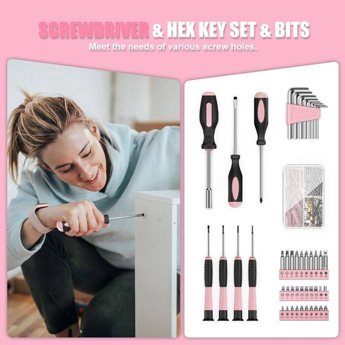 Набір інструментів Sundpey 206 предметів з акумуляторною викруткою 12V, рожевий – для дому та ремонту