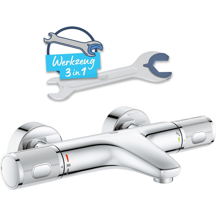 Змішувач для ванни Grohe Precision Feel з термостатом, водозберігаючий, хром, 34788000 Chrome Feel (безпека для дітей, запобіжник 38°C, антиковзні ручки)