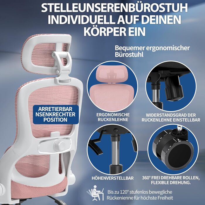 Ергономічне крісло TRALT для офісу та дому: ігрове крісло з регульованою підголівником та поперековою підтримкою, mesh-крісло, 150 кг, рожеве