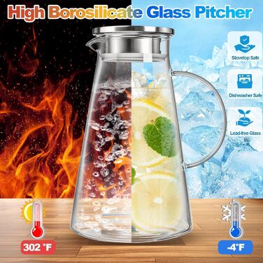 Скляна карафа WUWEOT 2 шт. по 2 літри з нержавіючою кришкою та виливом. Карафа для води, соку, молока, кави, вина, айс-ті.