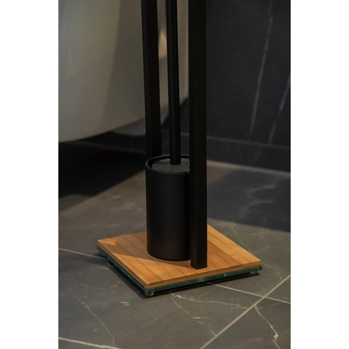 Набір для унітазу WENKO Bambusa, вкл. тримач для рулону та щітку для унітазу в стилі лофт, матова лакована сталь з важкою скляною стільницею в поєднанні з високоякісним бамбуком, 18 x 72,5 x 18 см, чорний/натуральний