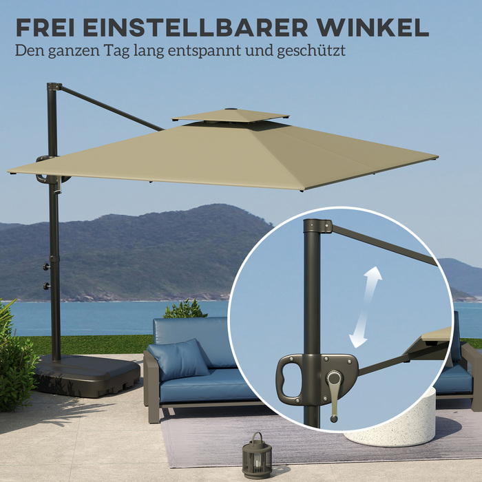 Відображуваний зонт для виноградників 247 x 247 см з регульованим нахилом, сонцезахисний парасоль з подвійним куполом, ручним механізмом, стійкою, водовідштовхувальним покриттям, світло-сірого кольору.