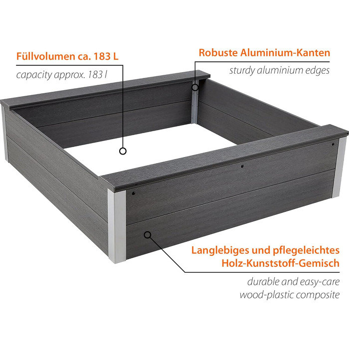 Пісочниця з WPC, стійка до погодних умов, для дитячих ігор у саду, 115 x 115 x 30 см, антрацит