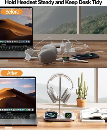 Підставка для навушників HiWe 3-в-1 з бездротовим зарядним пристроєм для телефону/AirPods/iWatch. Алюмінієва стійка, шкіряний підклад, ABS-основа, білий колір.