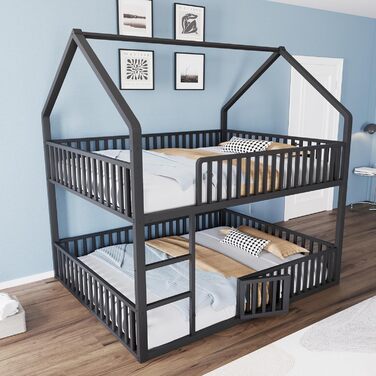 Двоярусне ліжко 140x200 см для 2 дітей, з будиночком, сходами та дверцятами, металеве, з захистом від падіння та ламелями (чорне)