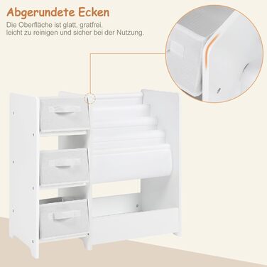 Поличка для дитячої кімнати Lestarain, органайзер для іграшок, 65x60x30 см, з 3 ящиками та 4 кишеньками, з масиву дерева МДФ, біла