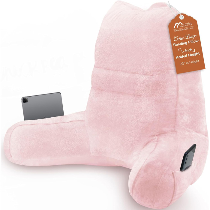 М'яке спинне крісло-подушка Sasttie для ліжка, рожеве, з кишенями та підлокітником