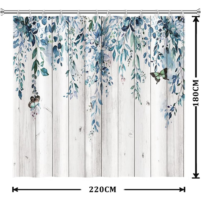 Шторка для душу 180x220 см, антигрибкова, з тропічним дизайном (пальмові листя, евкаліпт, гриби), водонепроникна, поліестер, для ванної кімнати, з 12 гачками (блакитна)