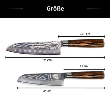 Набір кухонних ножів Wolfblood з дамаської сталі (2 шт.): Сантоку 30см та 24см. Дамаський сталь 67 шарів, твердість 62 HRC, сертифікат TÜV, дерев'яні ручки, подарункова коробка, захист леза.