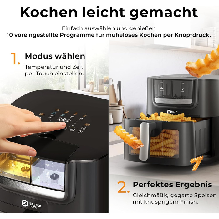 Бальтер Фритюрниця з гарячим повітрям Airfryer 5.5 л, 12 програм, з вікном, 100 рецептів, HL-551T (Чорний)