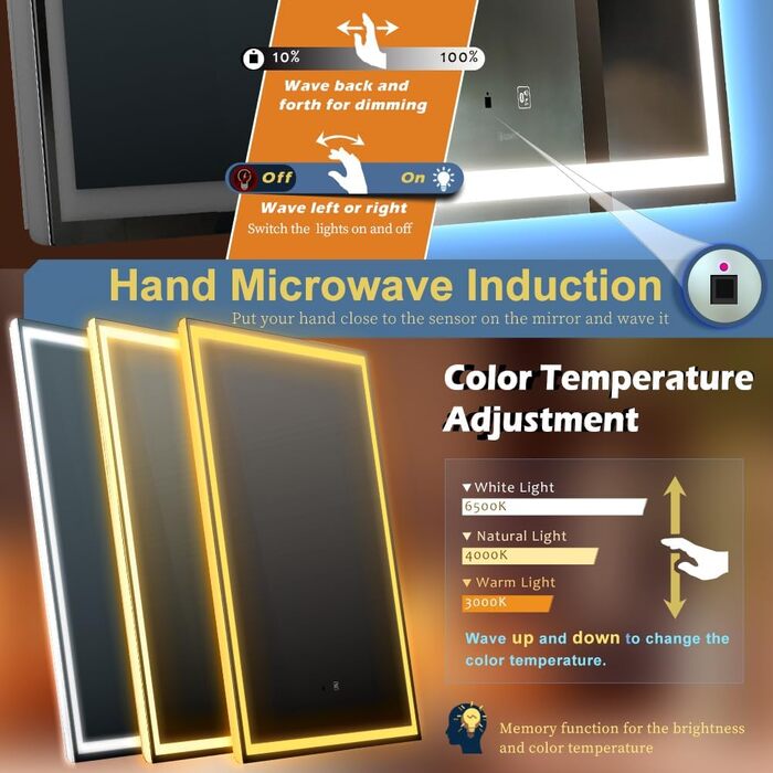 Дзеркало з LED-підсвічуванням та сенсором, з Bluetooth, регульоване освітлення, протитуманне, водонепроникне IP44, для ванної кімнати, 50 x 70 см