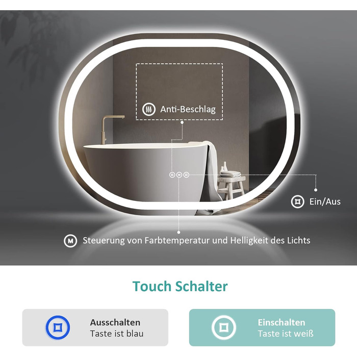 Дзеркало для ванної кімнати EMKE з підсвічуванням 80x60 см, сенсорне управління, антизапар, 3 кольори світла, регулювання яскравості, функція пам'яті, енергозберігаюче, овальне дзеркало