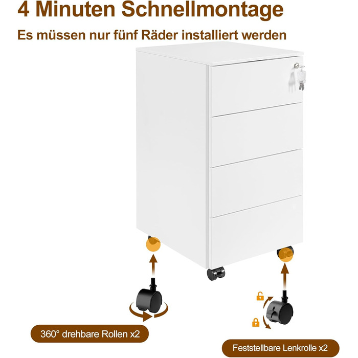 Роликовий контейнер HOMSTEEL з замком, 4 ключі, 4 шухляди, металевий шафа, готовий до збирання, для офісу, домашнього офісу, білий (44T x 37B x 69.5H cm)
