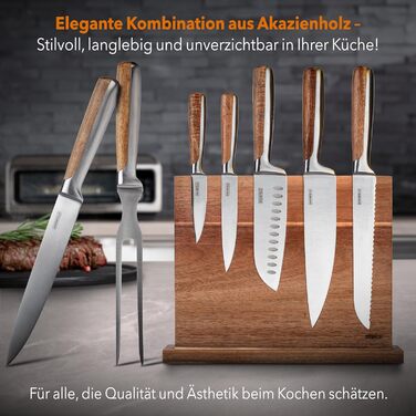 Набір ножів у блоці (6 шт) Premium - професійний кухонний набір з магнітного блоку з акації (срібний, нержавіюча сталь, з трапером)