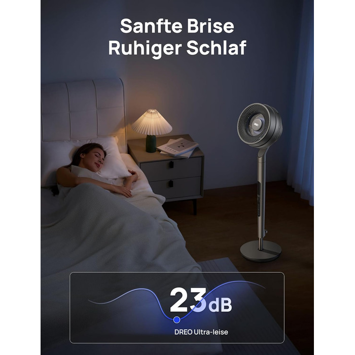 Вентилятор Dreo з інтелектуальним керуванням, 101.6-111.8 см, регульована висота, тихий DC вентилятор для спальні, 120°+85° осциляція, 30.5 м³/хв, срібний