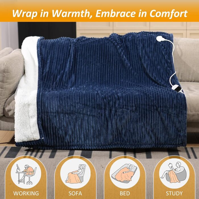 Електрична ковдра ITSHINY 180x135 см з цифровим регулятором, 6 режимів нагріву, таймер 1-10 годин, захист від перегріву, пральна, м'який фланель (Блакитна)