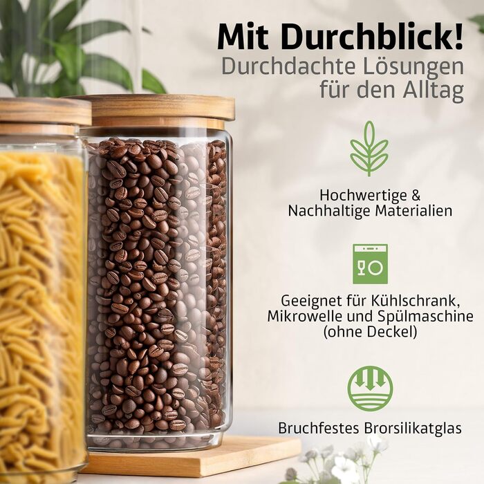 Набір скляних банок для зберігання з кришкою, 4 шт. | 300, 500, 700, 1000 мл, 2x2000 мл | Герметичні, захист від міль | Для спецій та продуктів харчування