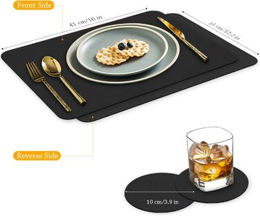 Набори серветок на стіл (6 шт.) чорного кольору, водонепроникні, підставки під тарілки, серветки для дітей, осінні серветки, серветки зі штучної шкіри, підставки під тарілки (Чорний, розмір 38,8)