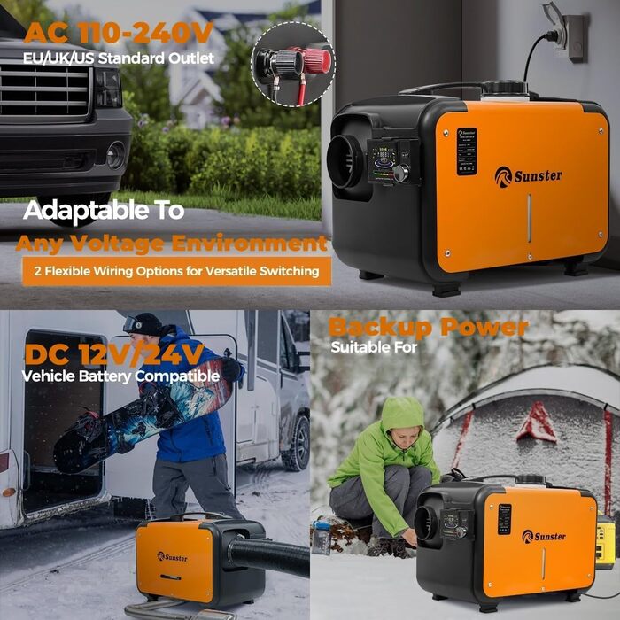 Дизельний опалювач 8kW з Bluetooth, 12V/24V/230V для вантажівки, автодому, транспорту. Автоматичний старт-стоп, 2025 (Помаранчевий)