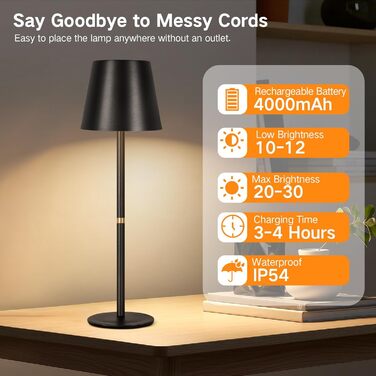 LED-лампа настільна OUTON 2 шт. бездротова з LED-індикатором, сенсорне керування, 3 колірні температури, USB-C зарядка, IP54 водостійкість, 30 годин роботи – для дому та на подарунок, чорний