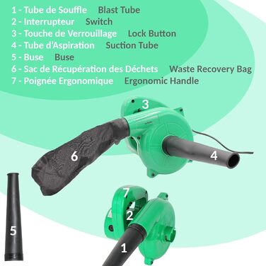 Електричний міні-листозбір Fishtec з функцією пилососа та мішком для збору листя - 500 Вт, 180 см, зелений