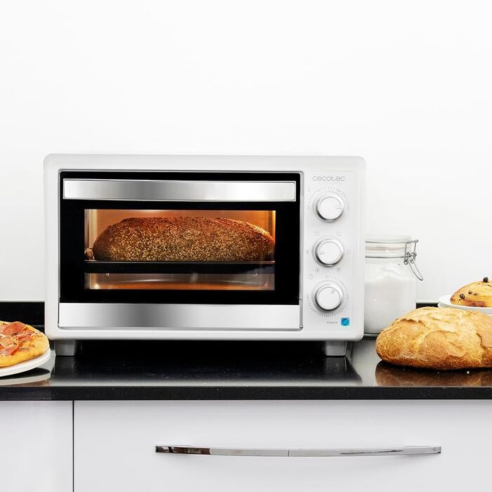 Піч Cecotec Bake & Toast 2600 White: 26л, 4 піци, 1550Вт, камінь для піци, 6 функцій, крихтосховище, підсвітка, подвійне скло | Біла