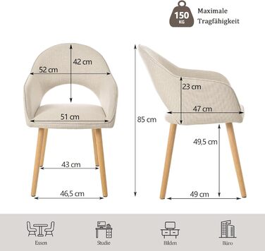 Набір з 4-х оббитих стільців для їдальні з підлокітниками, бежевий колір, дерев'яні ніжки. Підходять для кухні та вітальні.