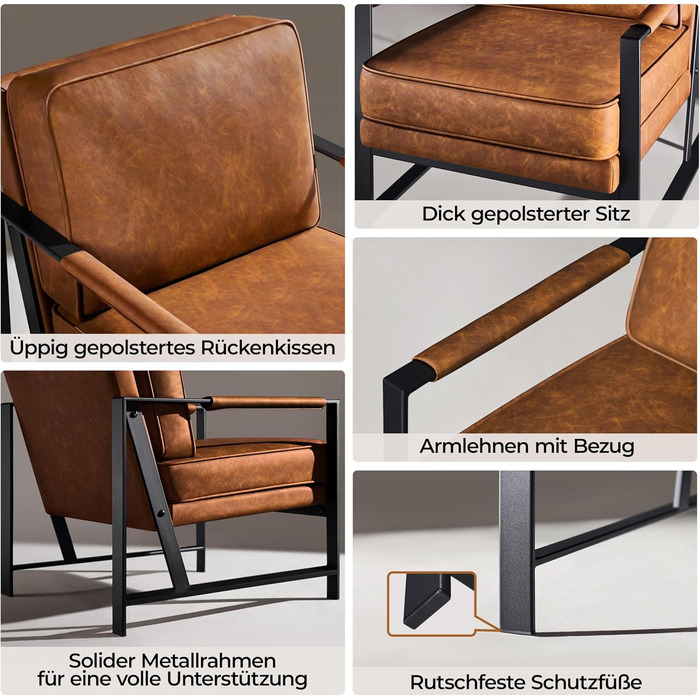 Крісло-реклакс Yaheetech з металевим каркасом та штучною шкірою, світло-коричневе