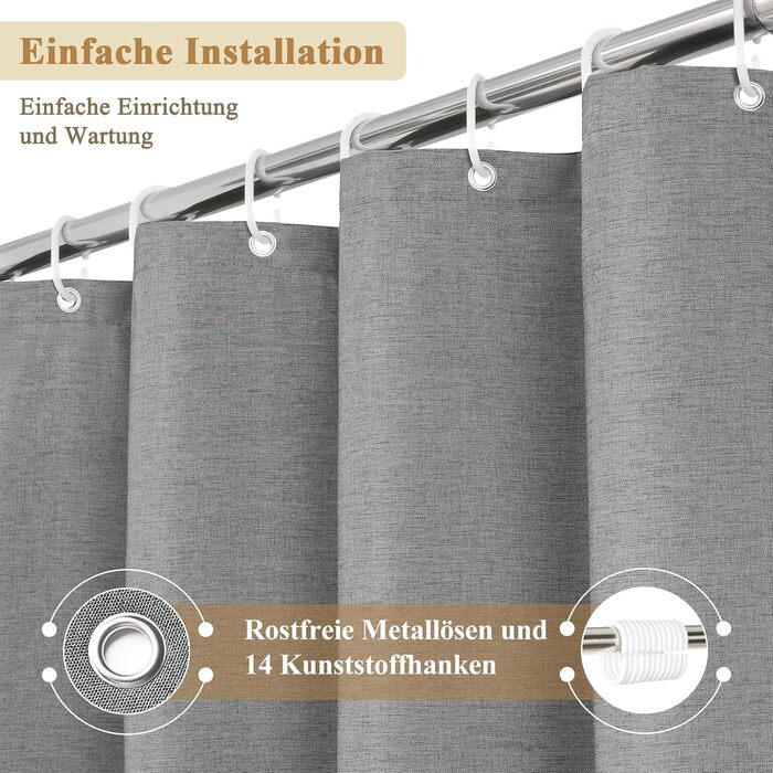 Шторка для душу EurCross з льону, текстурована, 180x220 см, водонепроникна, з 12 колечками (сіра, H200 x B200 см)