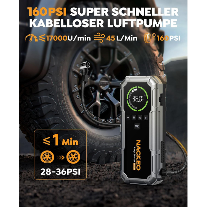 Powerbank Starthilfe 8000A з компресором 160PSI, 12V для авто, 20000mAh, LED-ліхтар, LCD-дисплей, сріблястий