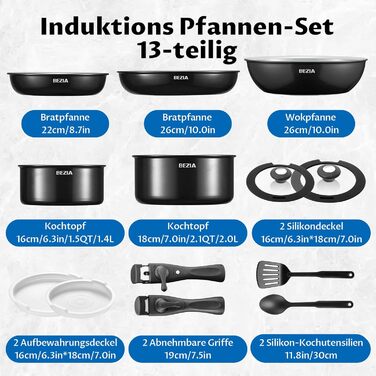 Набір антипригарних сковорідок BEZIA з суцільними ручками, для всіх плит, стакельне виконання, придатні для миття в посудомийній машині та духовці, без PFAS (сірий)