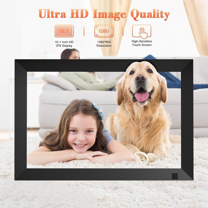 Цифровий фоторамка 10.1 дюйма з Wi-Fi, 64GB пам'яті, IPS LCD сенсорний екран 1280x800, автоповорот, аудіо, швидке завантаження фото та відео, чорний