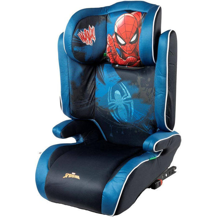 Автокрісло Marvel Spiderman з кріпленням ISOFIX для безпеки дитини зростом від 100 до 150 см з зображенням супергероя Людини-павука на синьому тлі