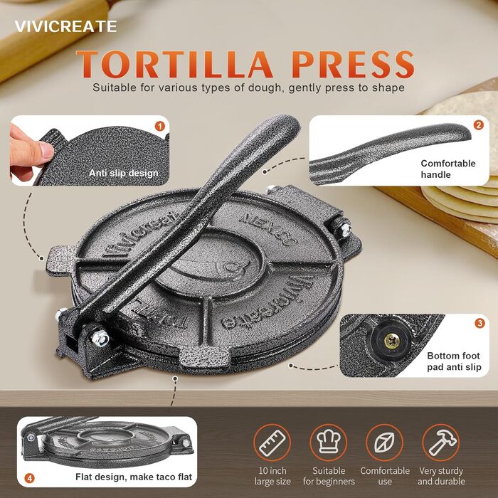Прес для тортилій з чавуну Vivicreate, 19,1 см. Прес для тіста, роті, мексиканської кухні