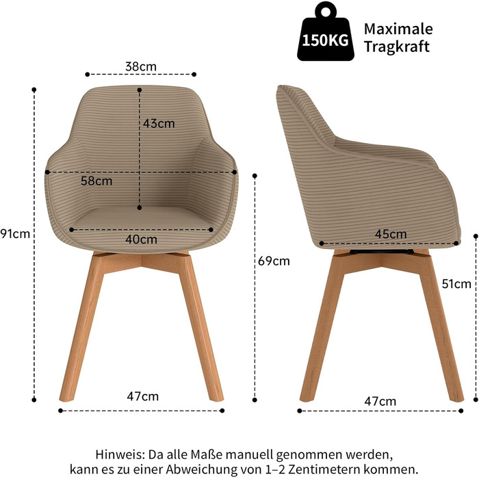 LEWE Комплект з 4 обертових стільців для їдальні з підлокітниками, 360° обертання, сучасна тканина Cord, стільці для кухні з дерев'яними ніжками та спинкою для вітальні, їдальні, спальні (Хакі, 4шт)