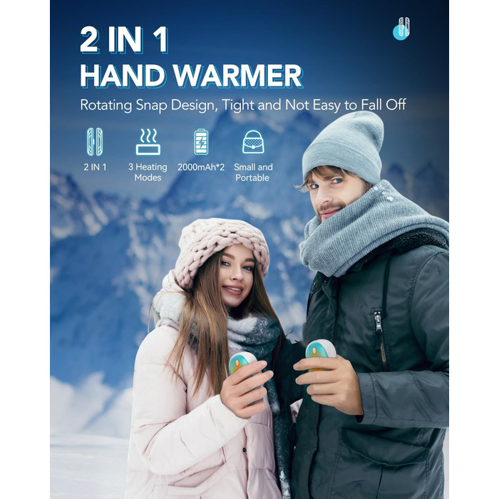 Електричні грілки для рук Cnkeeo, 2 шт. з роздільним магнітним з'єднанням, Powerbank USB, 3 режими нагріву, для спорту, риболовлі, полювання, чорно-білі (блакитно-білі)