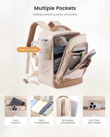 Рюкзак LOVEVOOK для ручної поклажі Ryanair, 40x20x25 см, 20L, бежевий/хакі. Підходить під вимоги авіакомпанії, для ноутбука, під сидіння літака