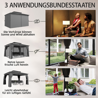 Газонний павільйон 3,8x3м, водовідштовхувальний, стабільний, зимостійкий. Ідеально підходить для саду. Оснащений подвійним дахом, шторами та москітною сіткою. Має гачки для підвішування. Колір: темно-сірий.