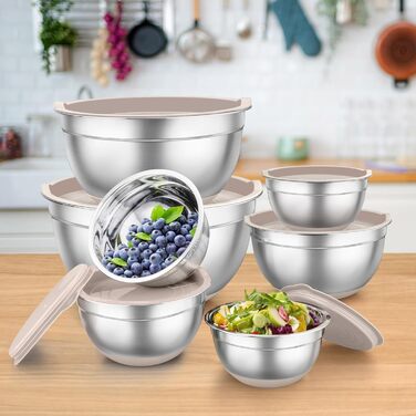 Набір місок TEAMFAR з нержавіючої сталі: салатові міски з кришкою та силіконовим дном, 0.7-6.5 л, (Хакі, 2)