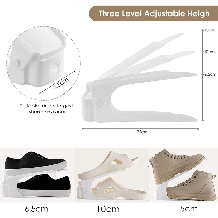 Набір для укладання взуття Arlopu 10 шт., двошарова полиця для взуття, стопка для взуття 6,5 см / 10 см / 15 см, нековзний органайзер для взуття з поліпропілену