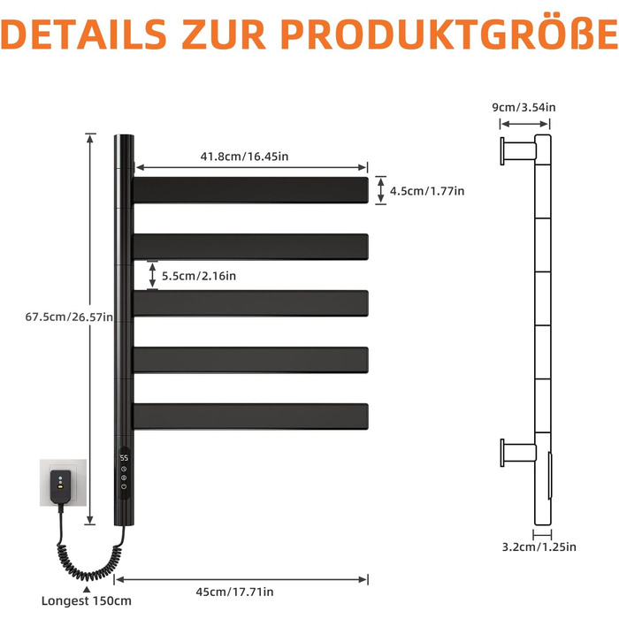 Електричний сушильник для рушників ZOYI 180° поворотний, 140W, чорний (сушарка для ванної кімнати, настінний)