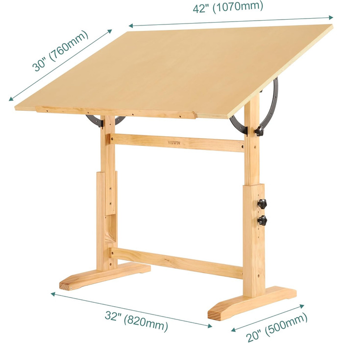 Надзвичайно великий стол для малювання з регулюванням висоти та кута нахилу з деревини сосни, 76x107 см