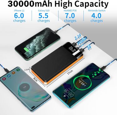 Входи/виходи, LED, ліхтарик, смартфон/планшет, помаранчевий, 30000mAh 25W PD3.0, USB-C, 3